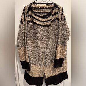 Zara Knit Wool blend Black Gray Cream Striped Cardigan Waterfall Sweater long M